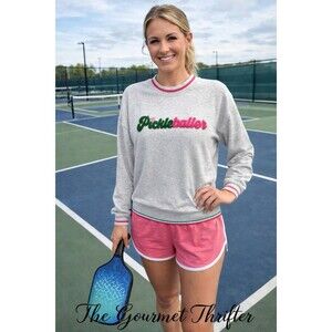 Shiraleah Pickleballer Sweatshirt M Gray Pink Green Embroidered NWT
